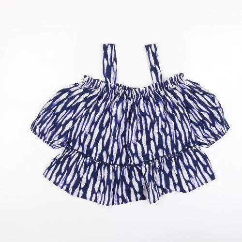 George Womens Blue Geometric Cotton Basic Blouse Size 8 Square Neck - Drop hem