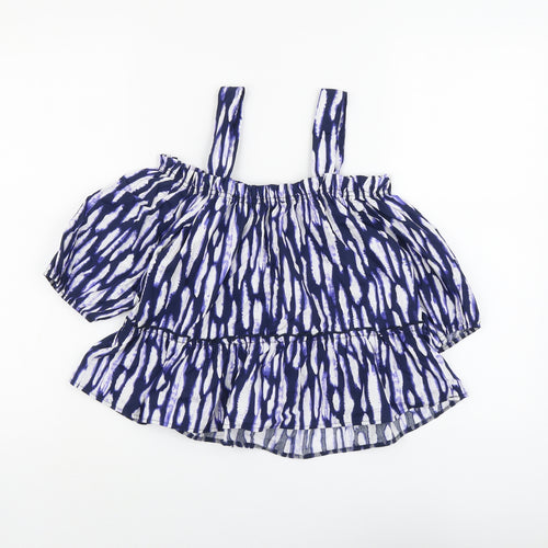 George Womens Blue Geometric Cotton Basic Blouse Size 8 Square Neck - Drop hem