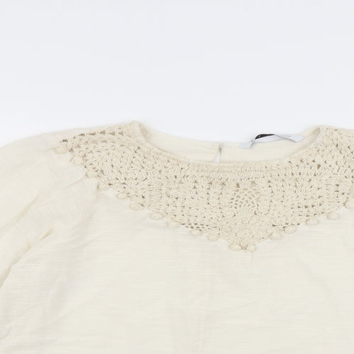 Zara Womens Beige Linen Basic Blouse Size M Round Neck