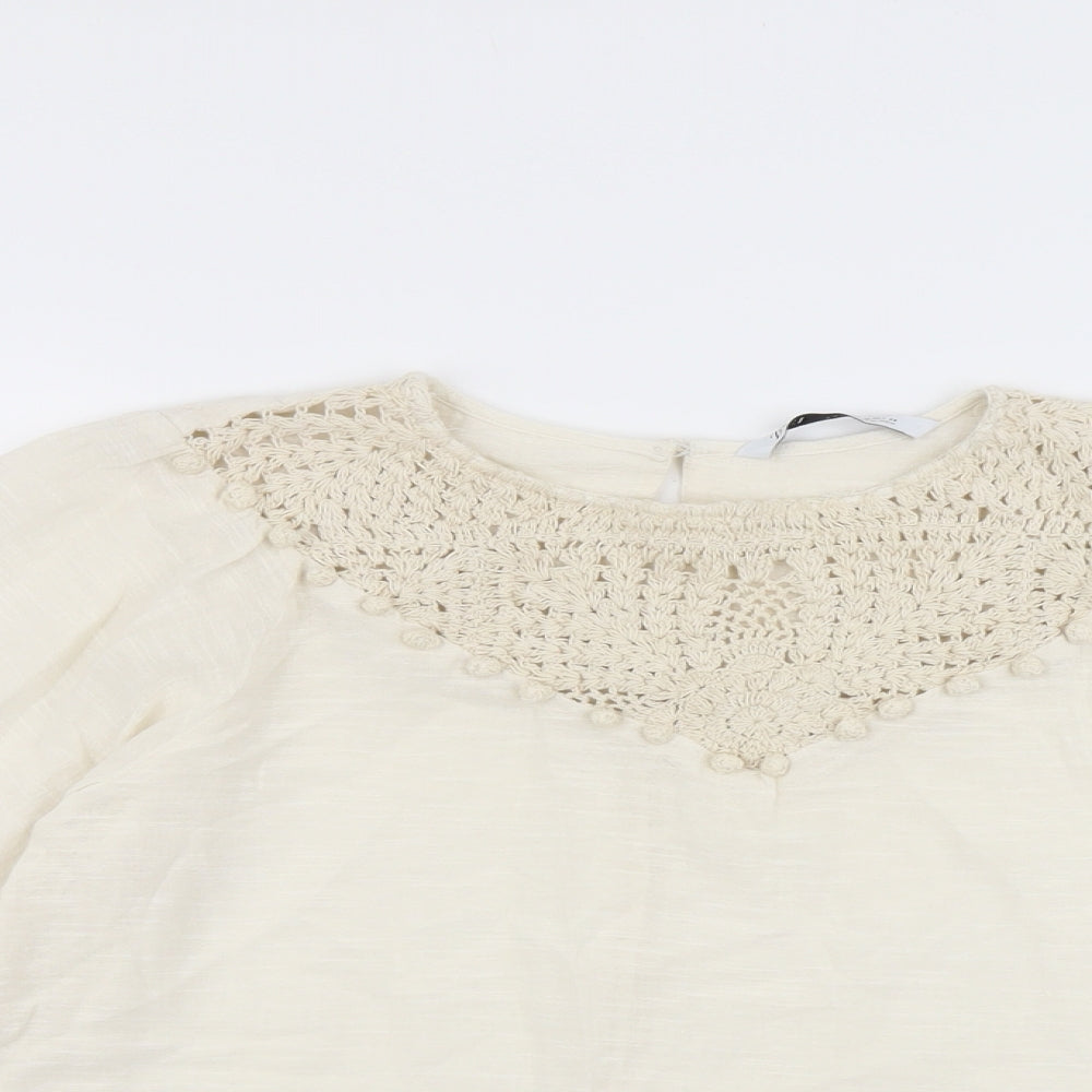 Zara Womens Beige Linen Basic Blouse Size M Round Neck