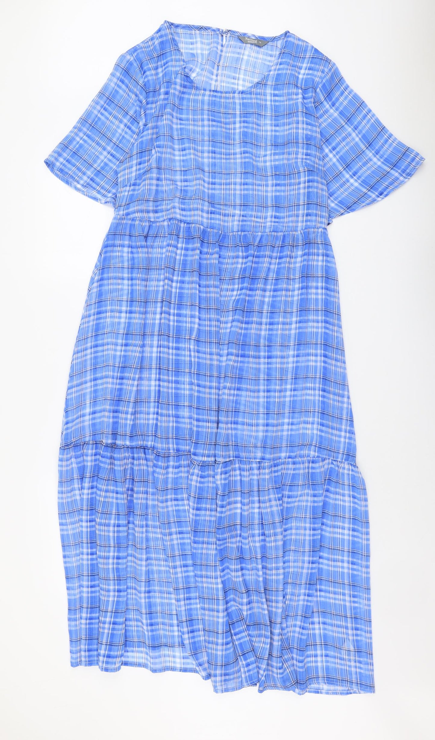 Nutmeg Womens Beige Plaid Polyester Fit & Flare Size 16 Round Neck Button