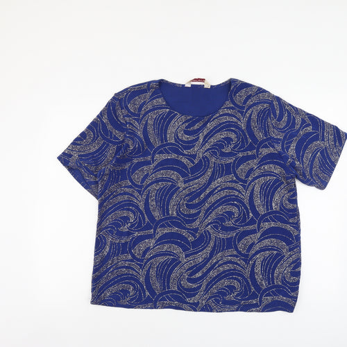 Bonmarché Womens Blue Geometric Polyester Basic T-Shirt Size L Round Neck