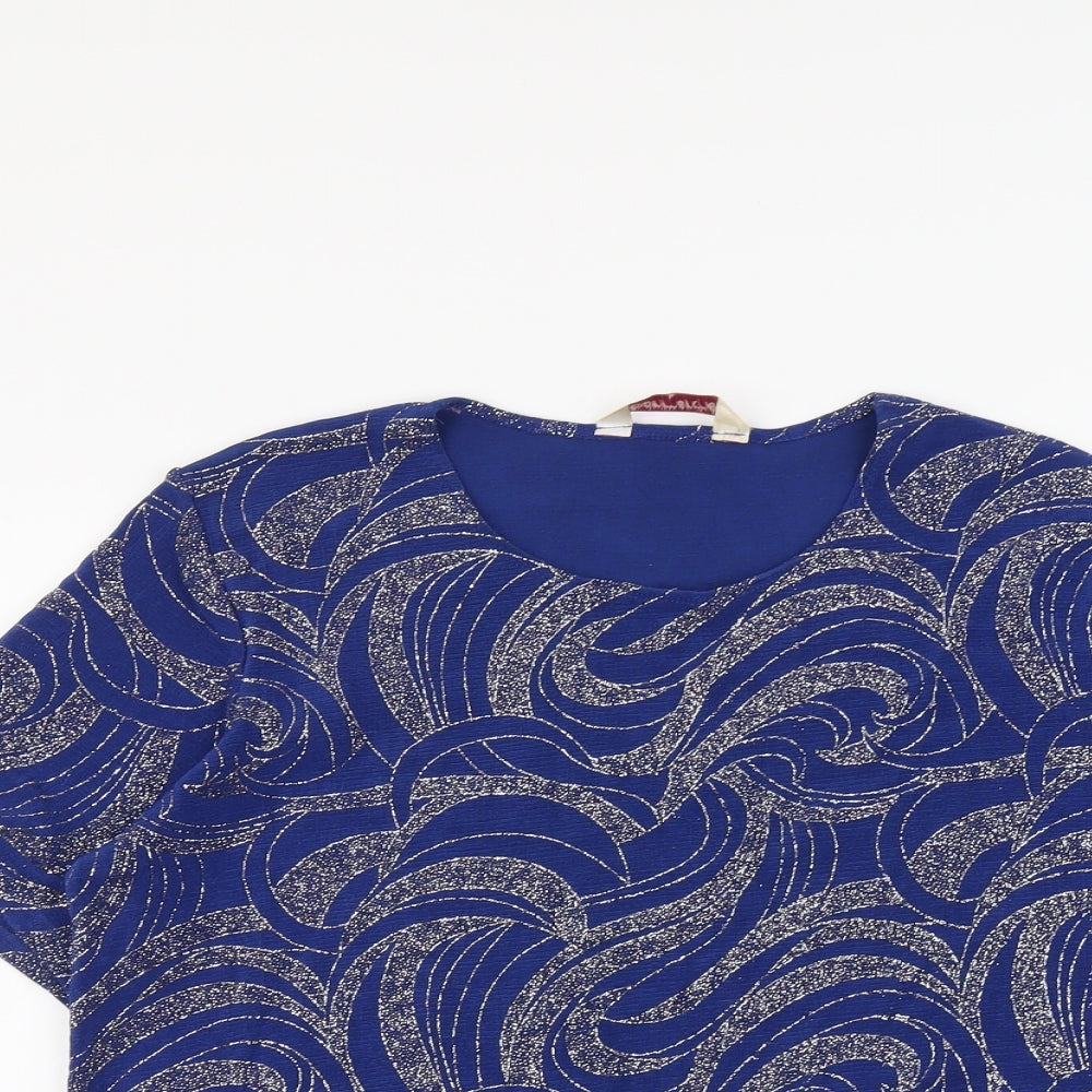 Bonmarché Womens Blue Geometric Polyester Basic T-Shirt Size L Round Neck