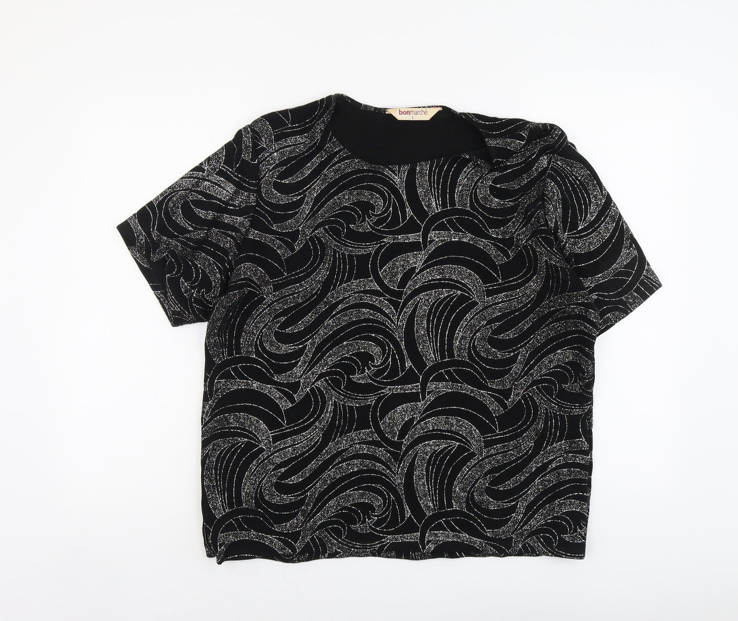 Bomarché Womens Black Geometric Polyester Basic T-Shirt Size L Round Neck