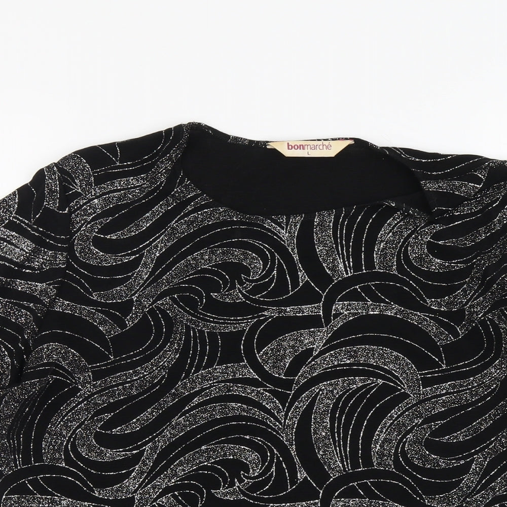 Bomarché Womens Black Geometric Polyester Basic T-Shirt Size L Round Neck