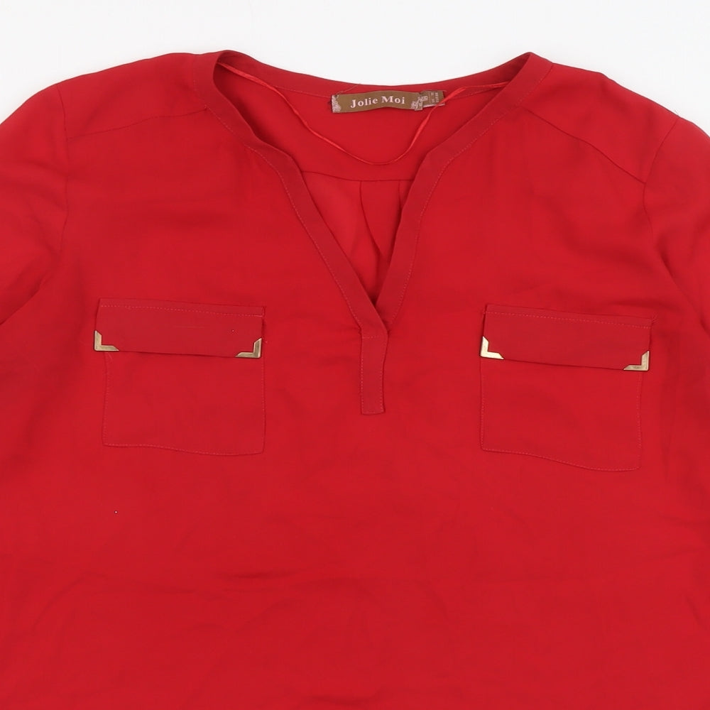 Jolie Moi Womens Red Polyester Basic Blouse Size 10 V-Neck