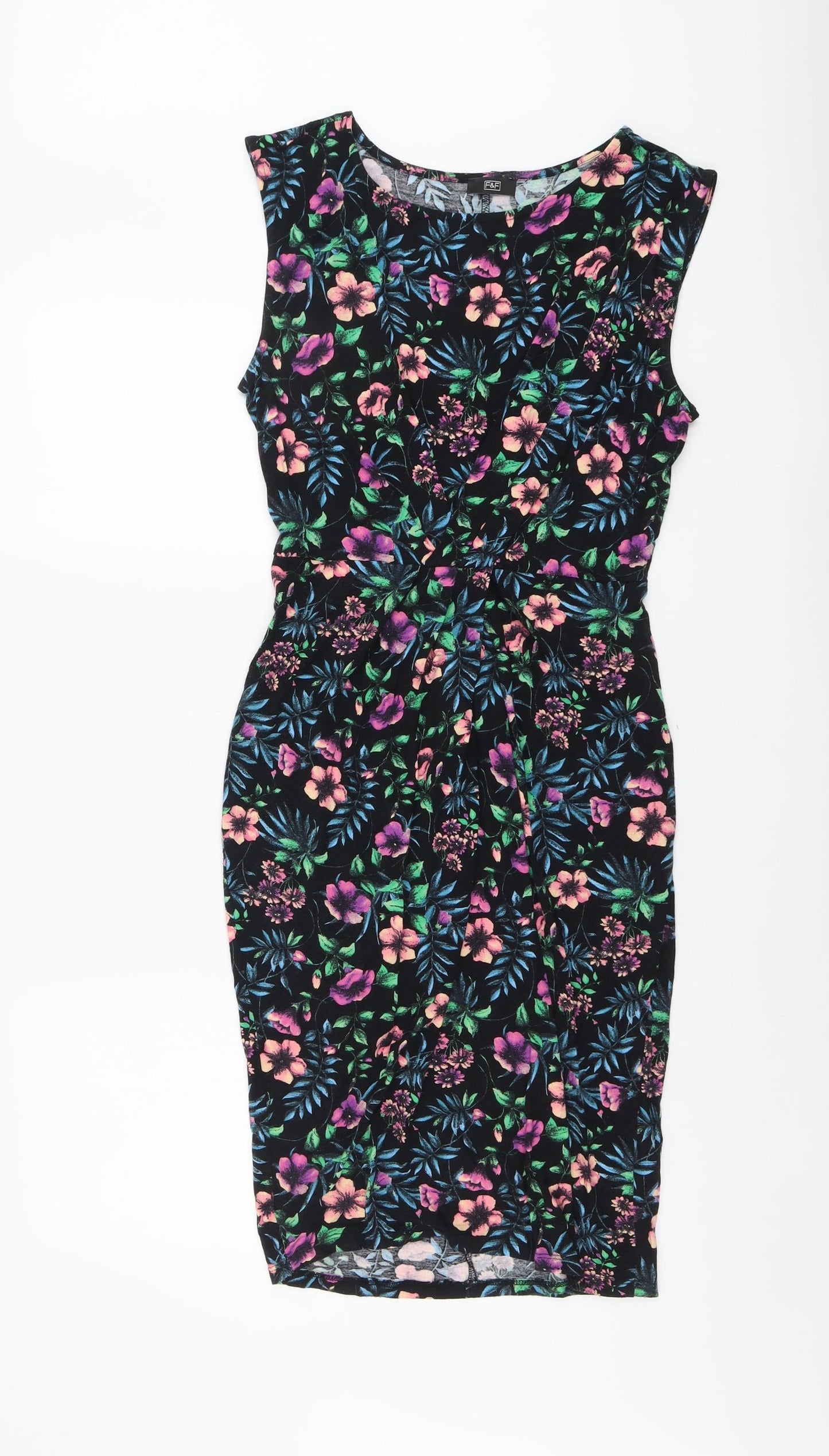 F&F Womens Black Floral Viscose A-Line Size 10 Round Neck Pullover