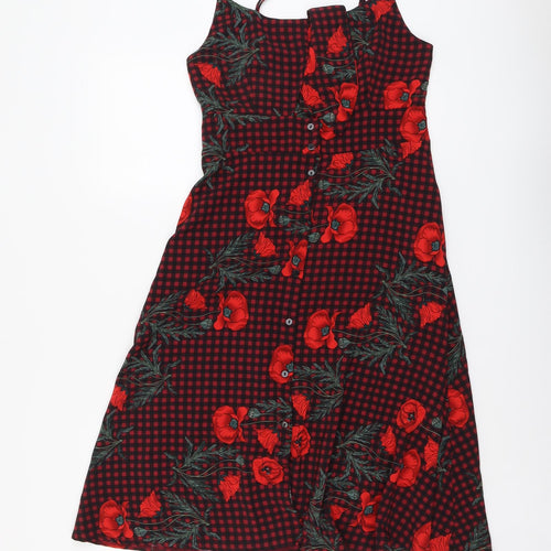 Ellie White Womens Red Floral Polyester Tank Dress Size S Round Neck Button