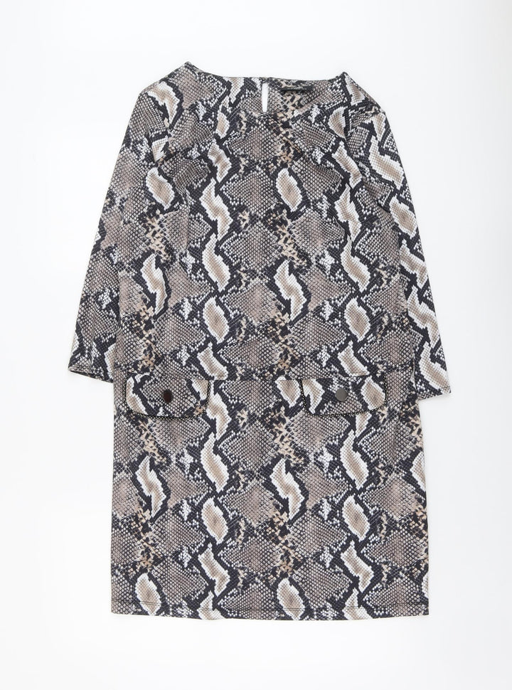 Wallis Womens Brown Animal Print Polyester A-Line Size 10 Round Neck Button - Snakeskin Pattern