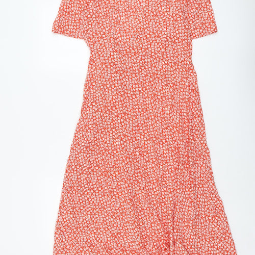 New Look Womens Orange Floral Viscose Wrap Dress Size 10 V-Neck Button