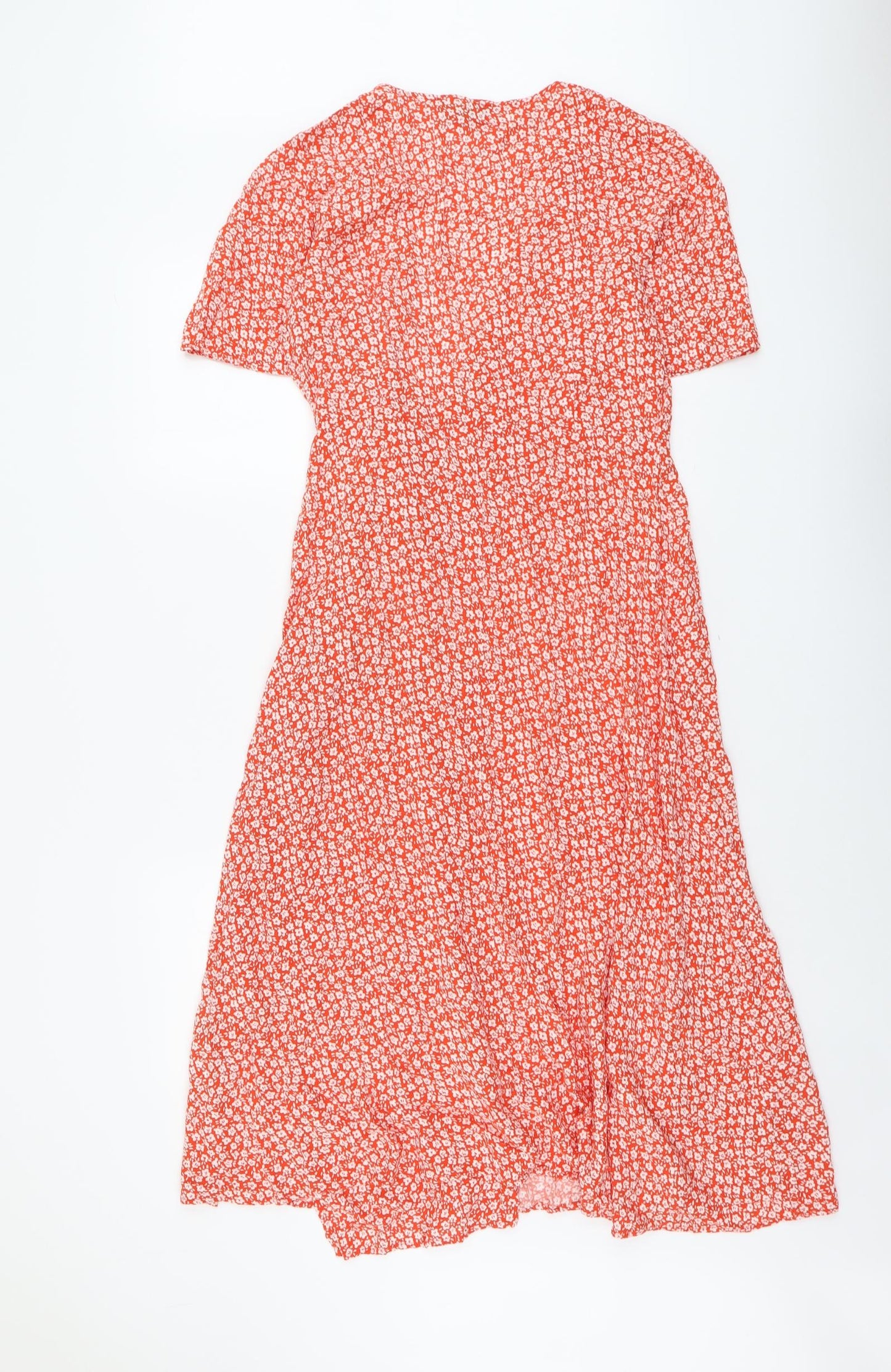New Look Womens Orange Floral Viscose Wrap Dress Size 10 V-Neck Button