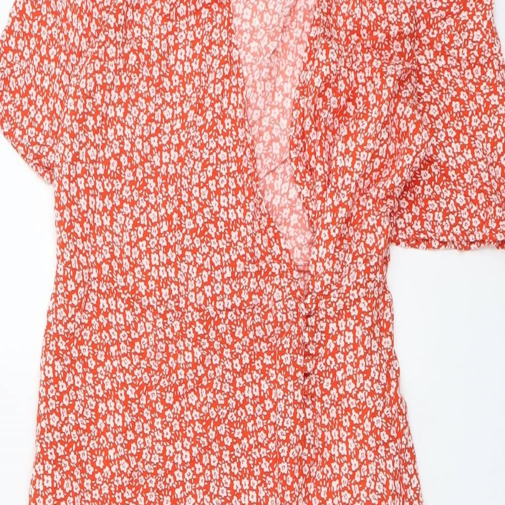 New Look Womens Orange Floral Viscose Wrap Dress Size 10 V-Neck Button