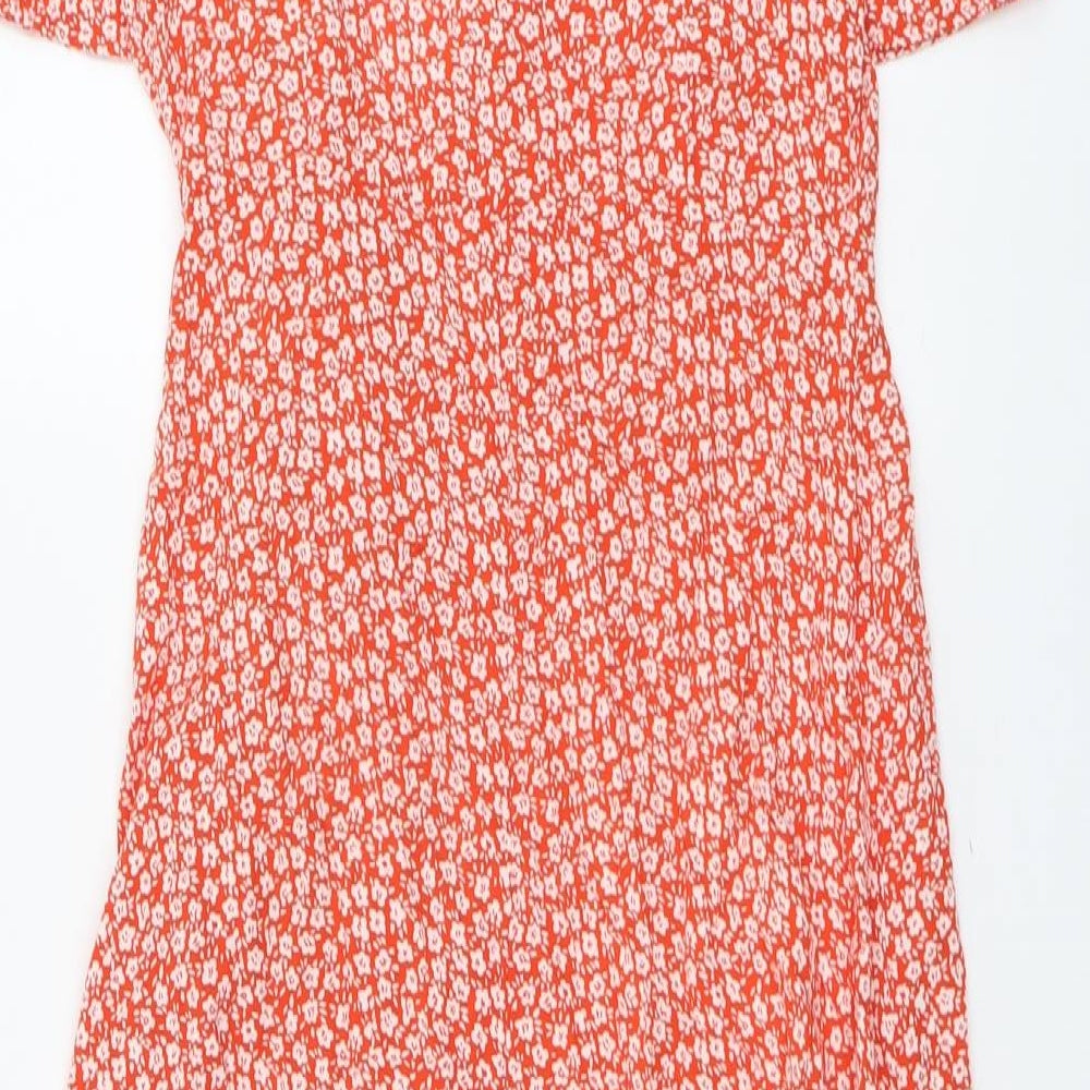 New Look Womens Orange Floral Viscose Wrap Dress Size 10 V-Neck Button
