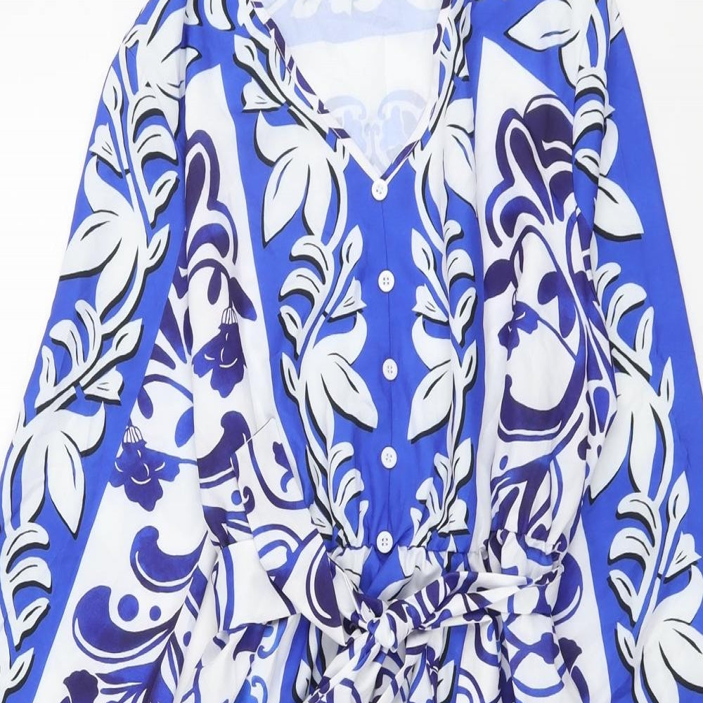 SheIn Womens Blue Floral Polyester Fit & Flare Size XL V-Neck Button