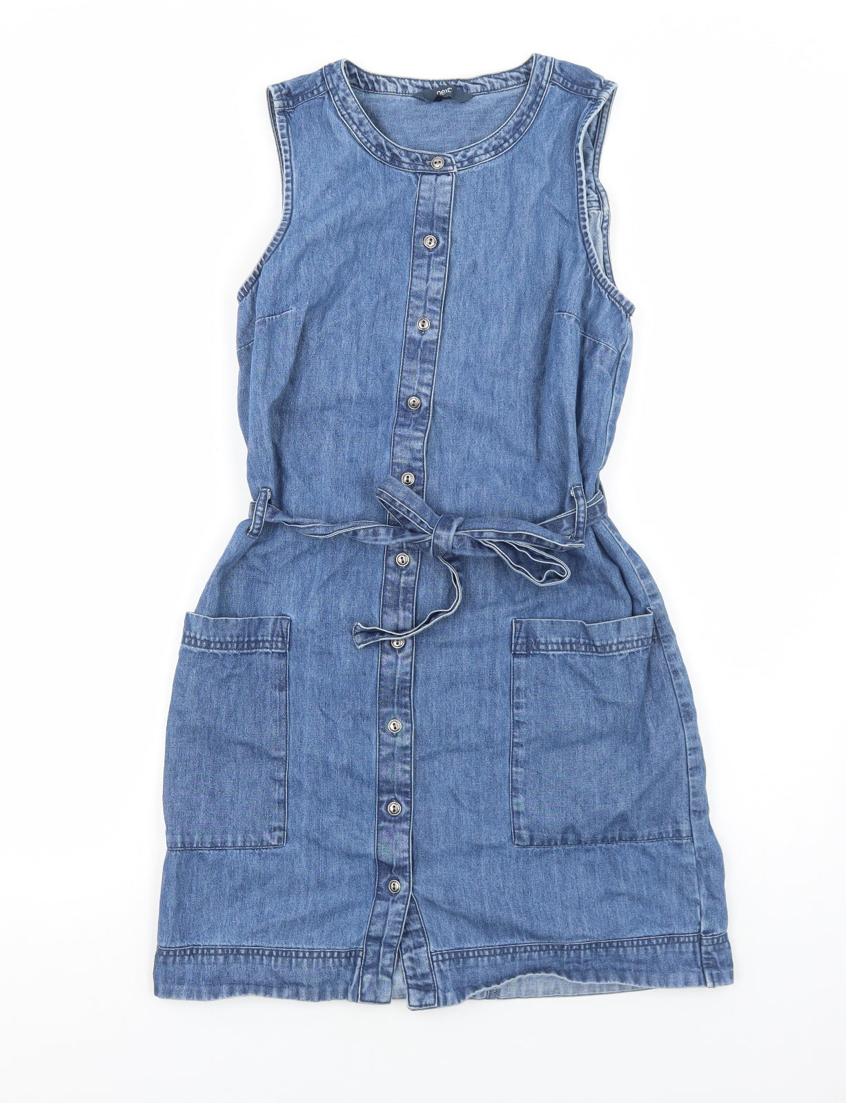 NEXT Womens Blue Cotton A-Line Size 12 Round Neck Button - Tie Waist