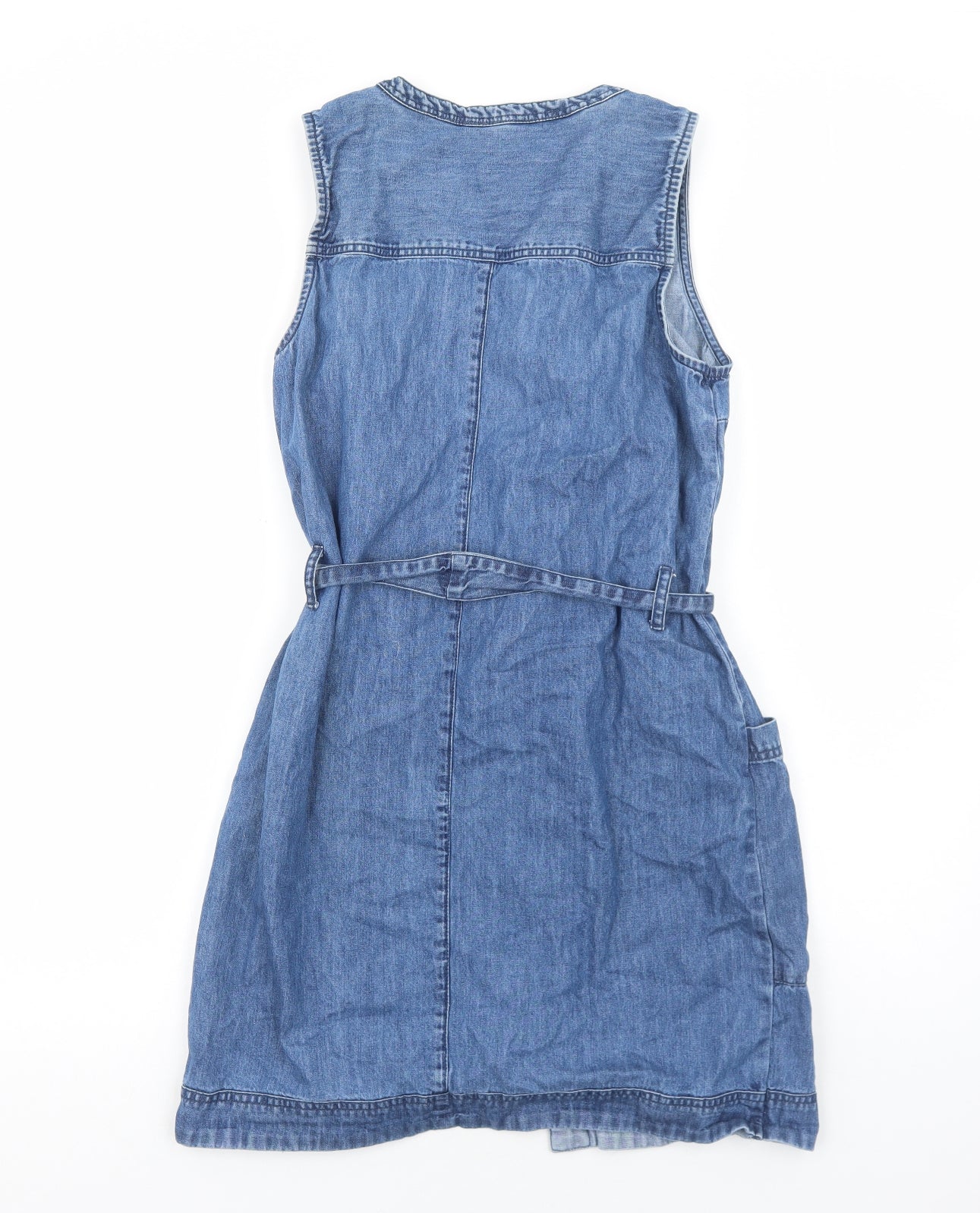 NEXT Womens Blue Cotton A-Line Size 12 Round Neck Button - Tie Waist