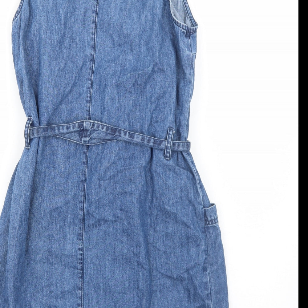NEXT Womens Blue Cotton A-Line Size 12 Round Neck Button - Tie Waist