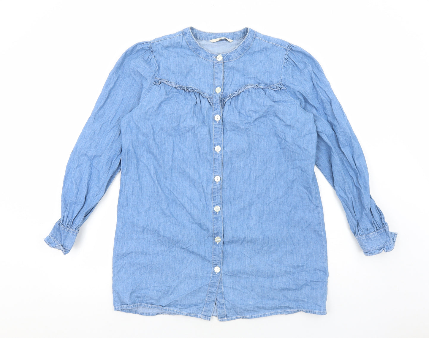 TU Womens Blue Cotton Basic Button-Up Size 12 Round Neck