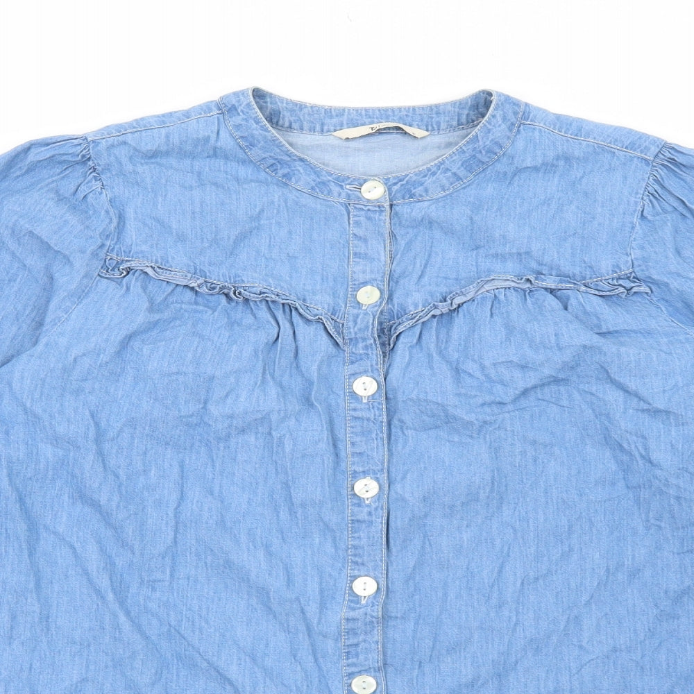 TU Womens Blue Cotton Basic Button-Up Size 12 Round Neck