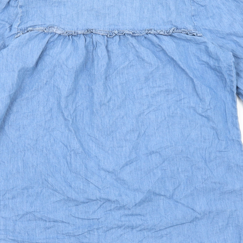 TU Womens Blue Cotton Basic Button-Up Size 12 Round Neck