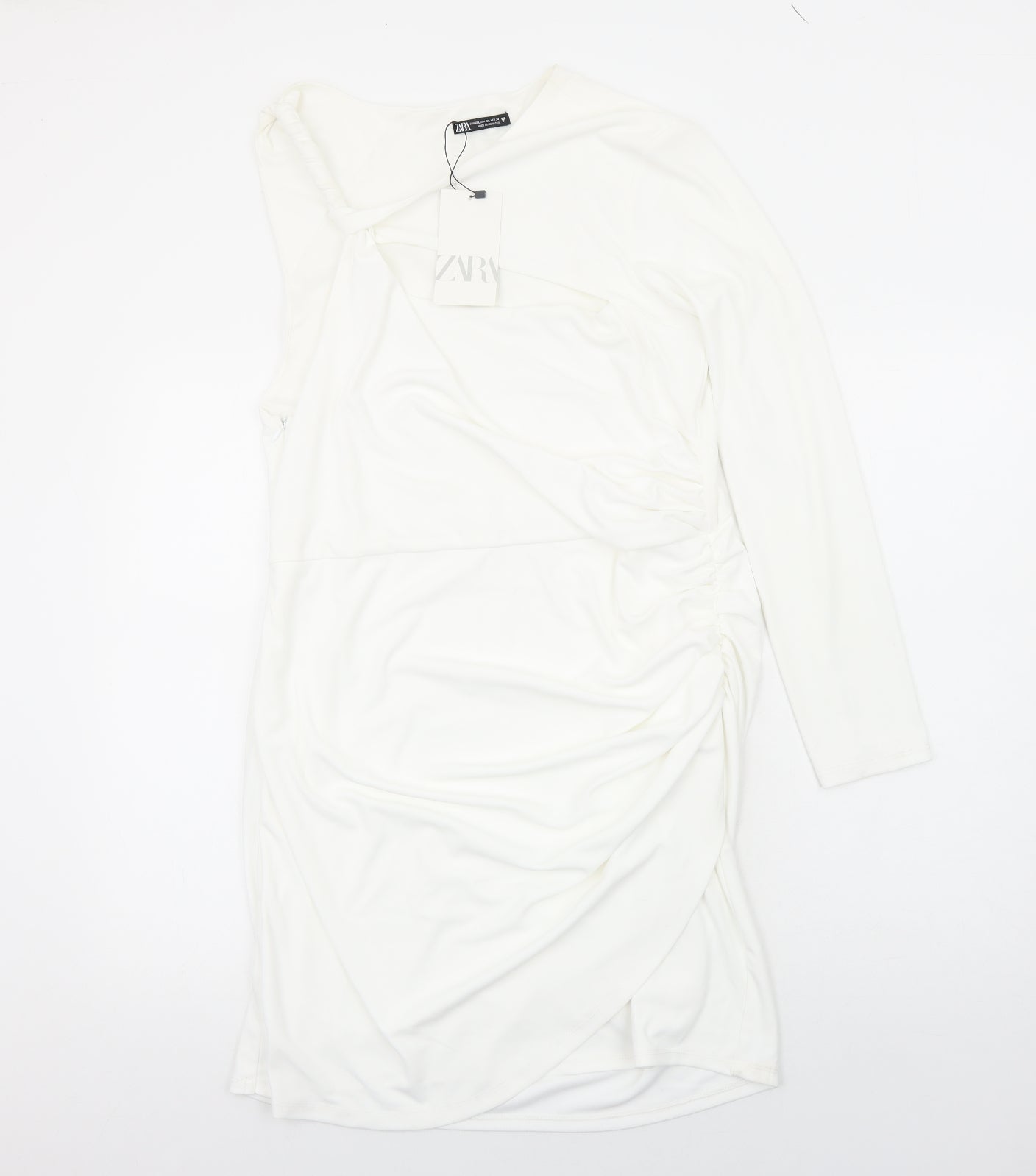Zara Womens White Polyester Mini Size 2XL One Shoulder Zip - Ruched