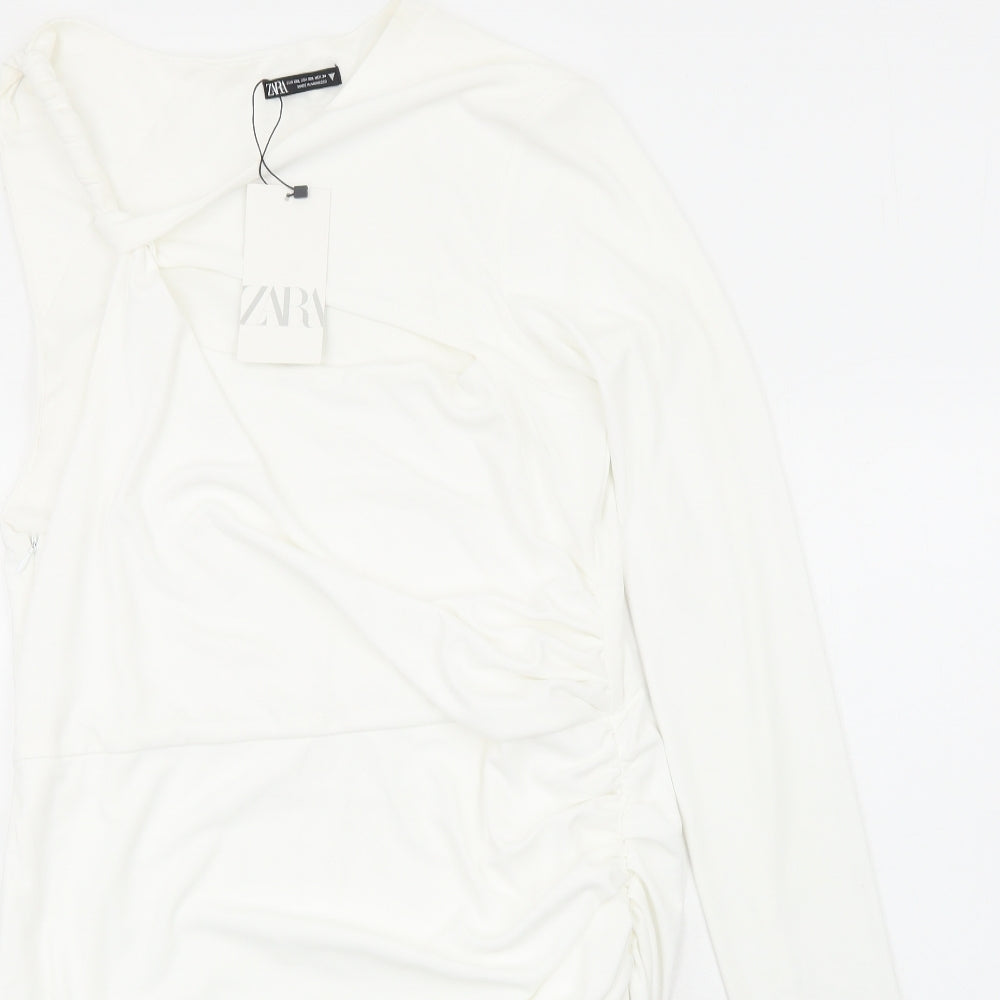 Zara Womens White Polyester Mini Size 2XL One Shoulder Zip - Ruched