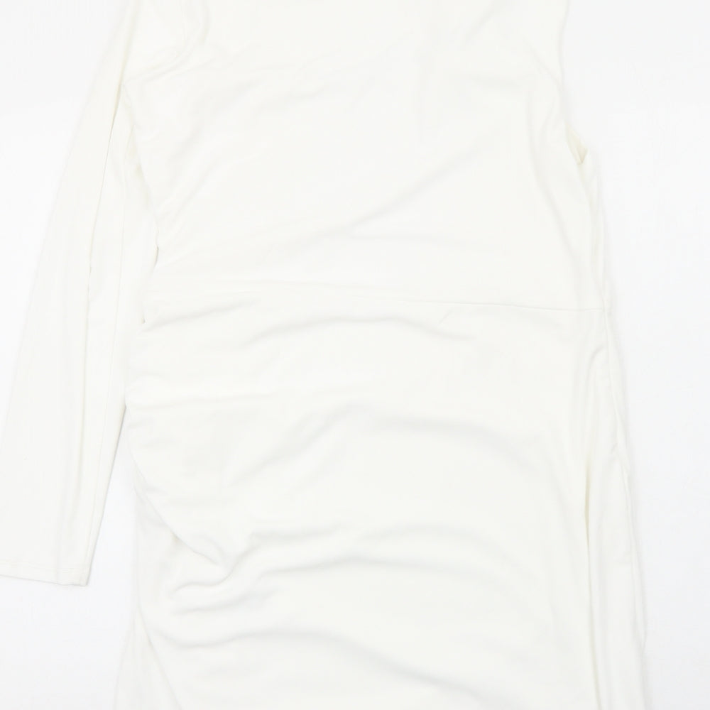 Zara Womens White Polyester Mini Size 2XL One Shoulder Zip - Ruched
