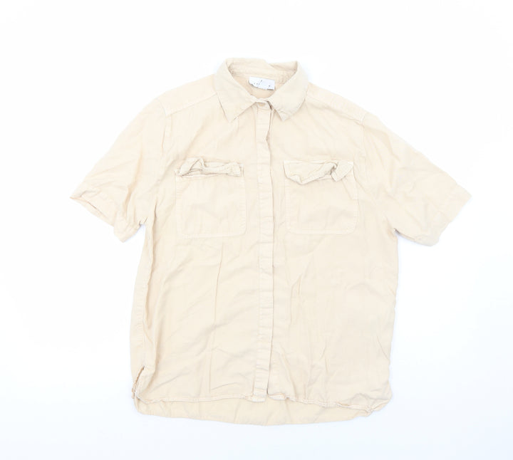 Topshop Womens Beige Lyocell Basic Button-Up Size 8 Collared