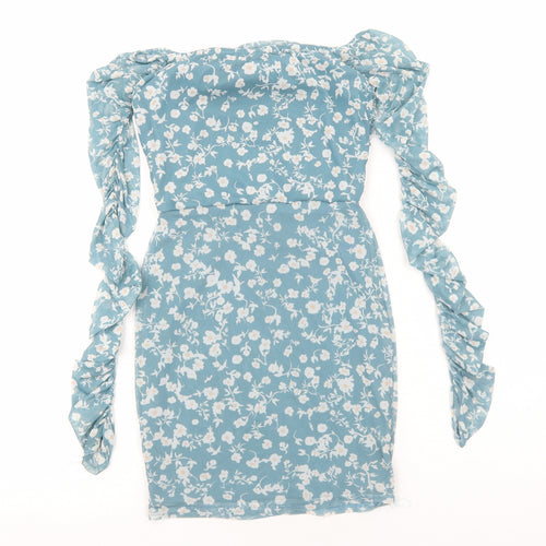 Nasty Gal Womens Blue Floral Polyester Mini Size 6 Square Neck Pullover