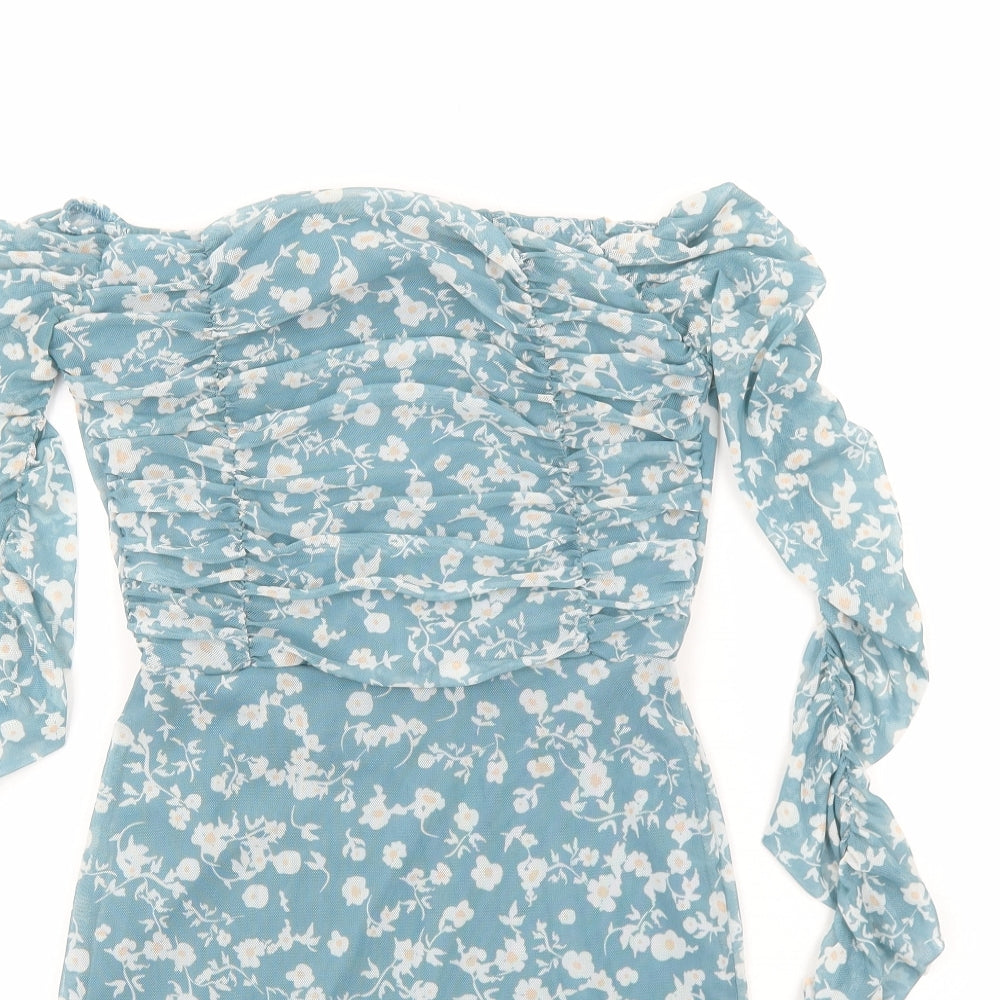 Nasty Gal Womens Blue Floral Polyester Mini Size 6 Square Neck Pullover