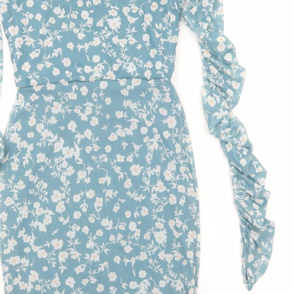 Nasty Gal Womens Blue Floral Polyester Mini Size 6 Square Neck Pullover
