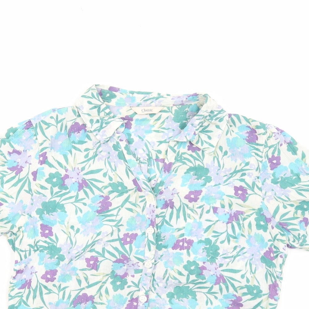 Marks and Spencer Womens Green Floral Viscose Basic Button-Up Size M Collared
