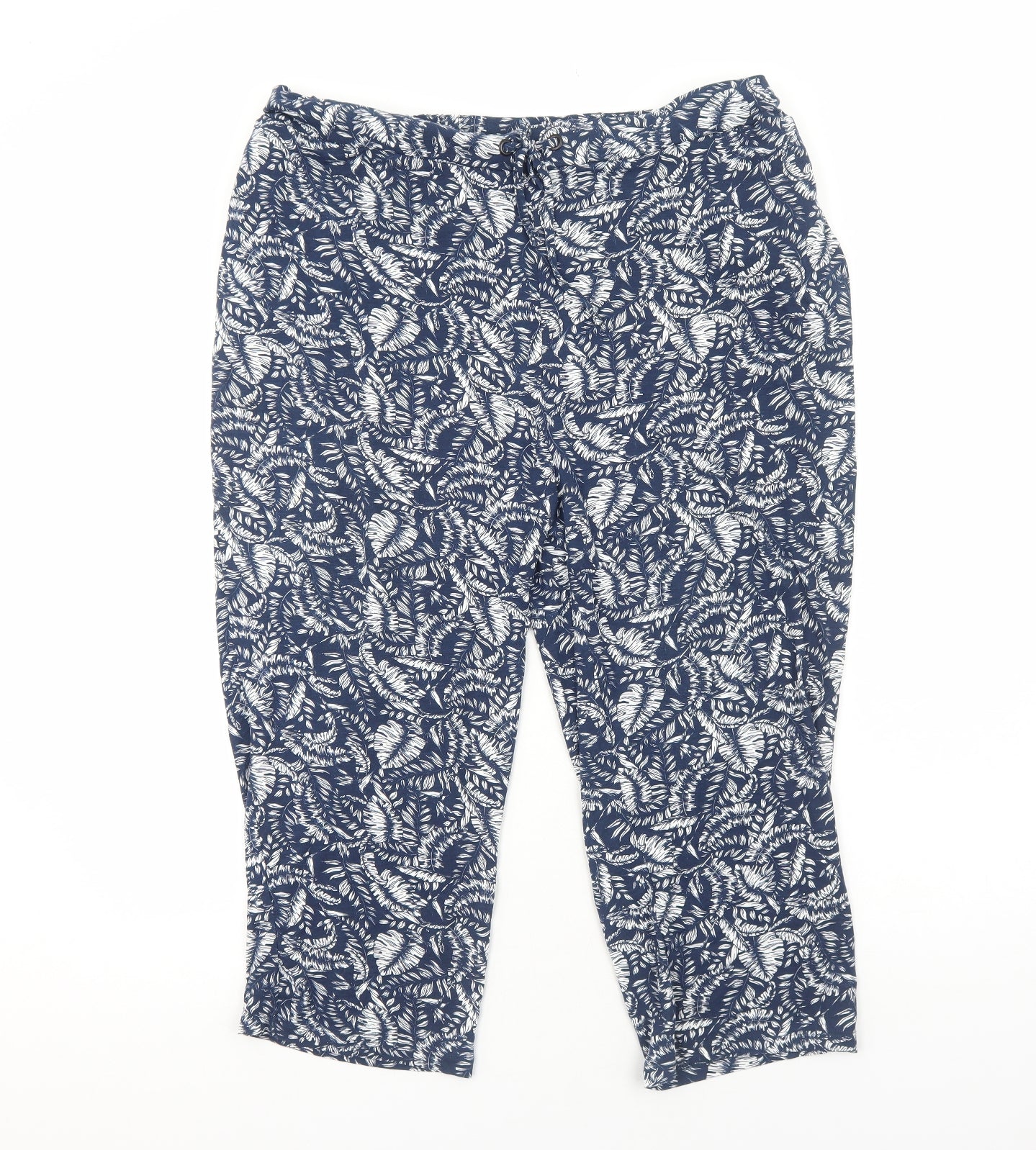 Peacocks Womens Blue Geometric Viscose Cropped Trousers Size 22 Regular Drawstring