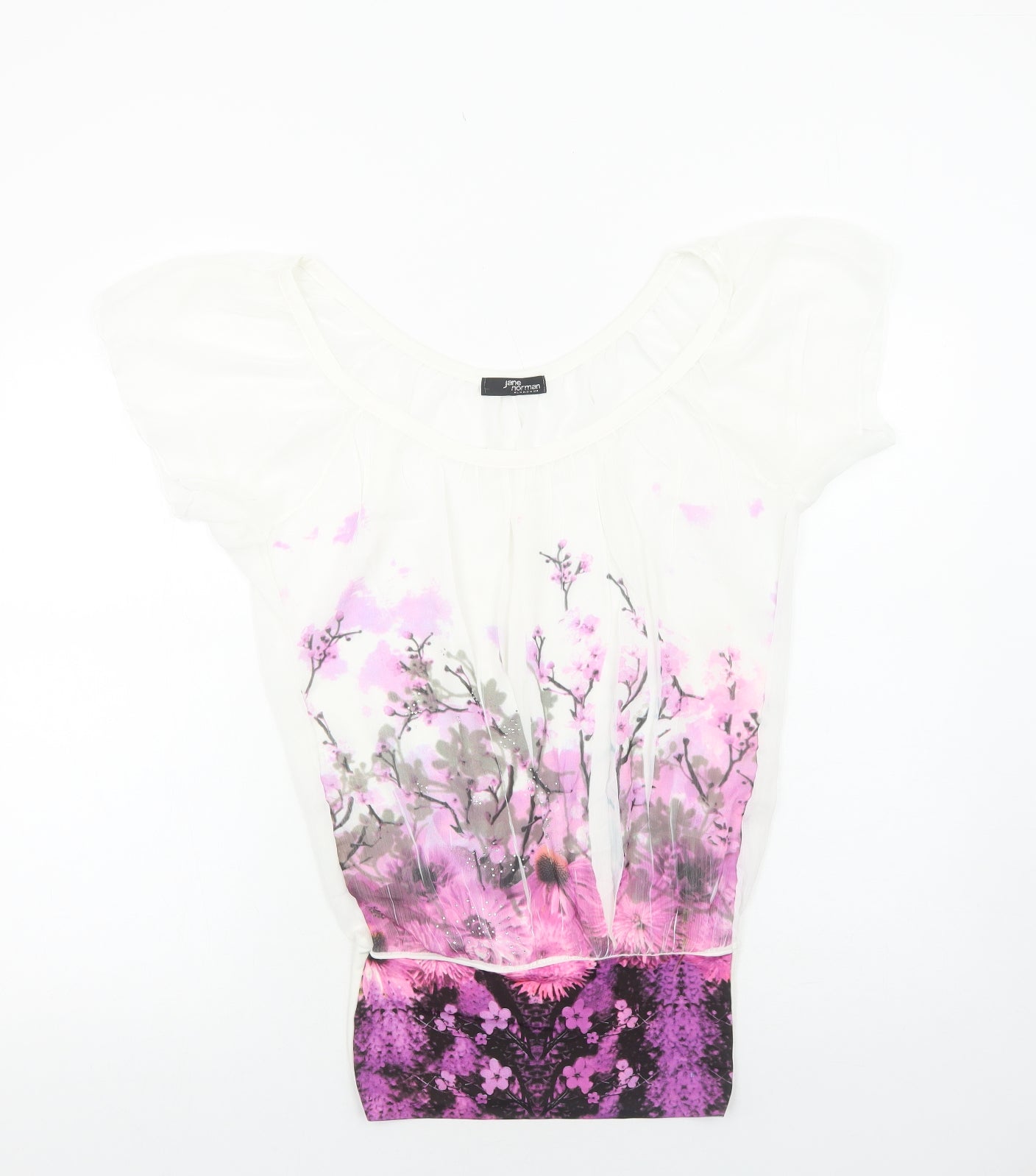 Jane Norman Womens White Floral Polyester Basic Blouse Size 6 Scoop Neck