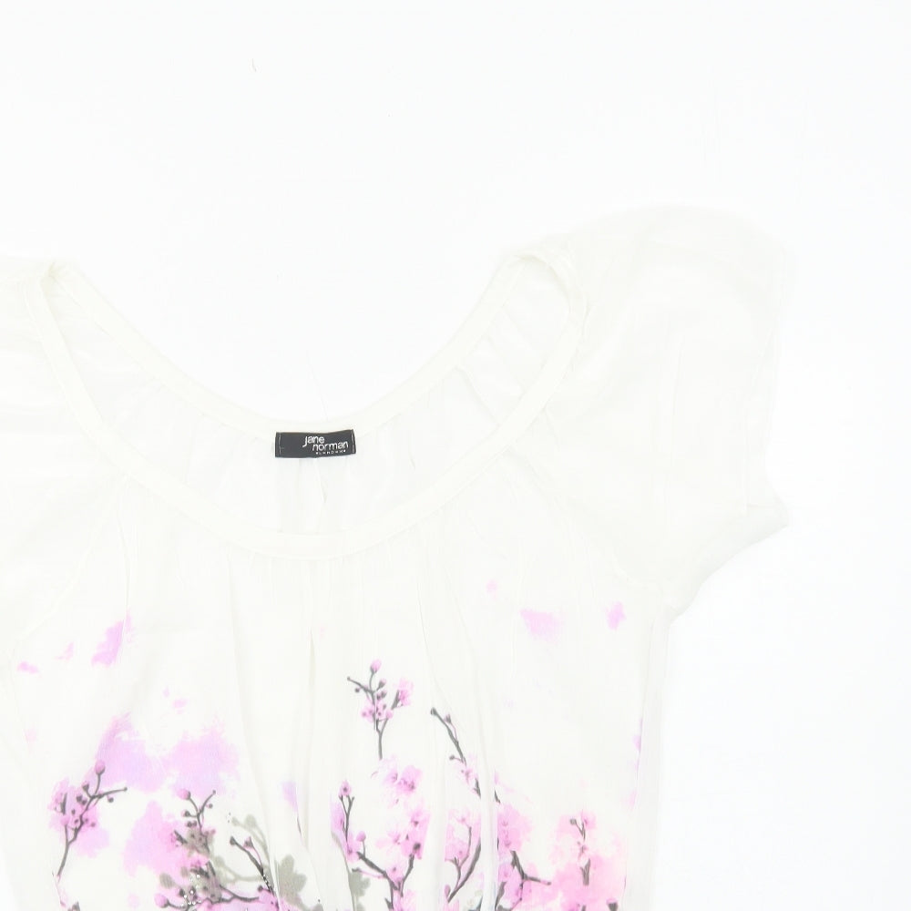 Jane Norman Womens White Floral Polyester Basic Blouse Size 6 Scoop Neck