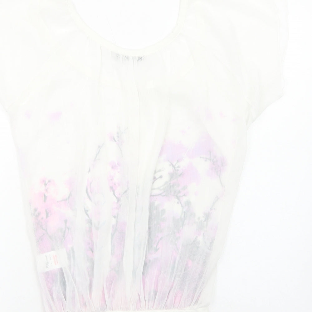 Jane Norman Womens White Floral Polyester Basic Blouse Size 6 Scoop Neck