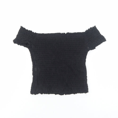 Preworn Girls Black Cotton Cropped Blouse Size 7 Years Off the Shoulder Pullover - Shirred Bardot