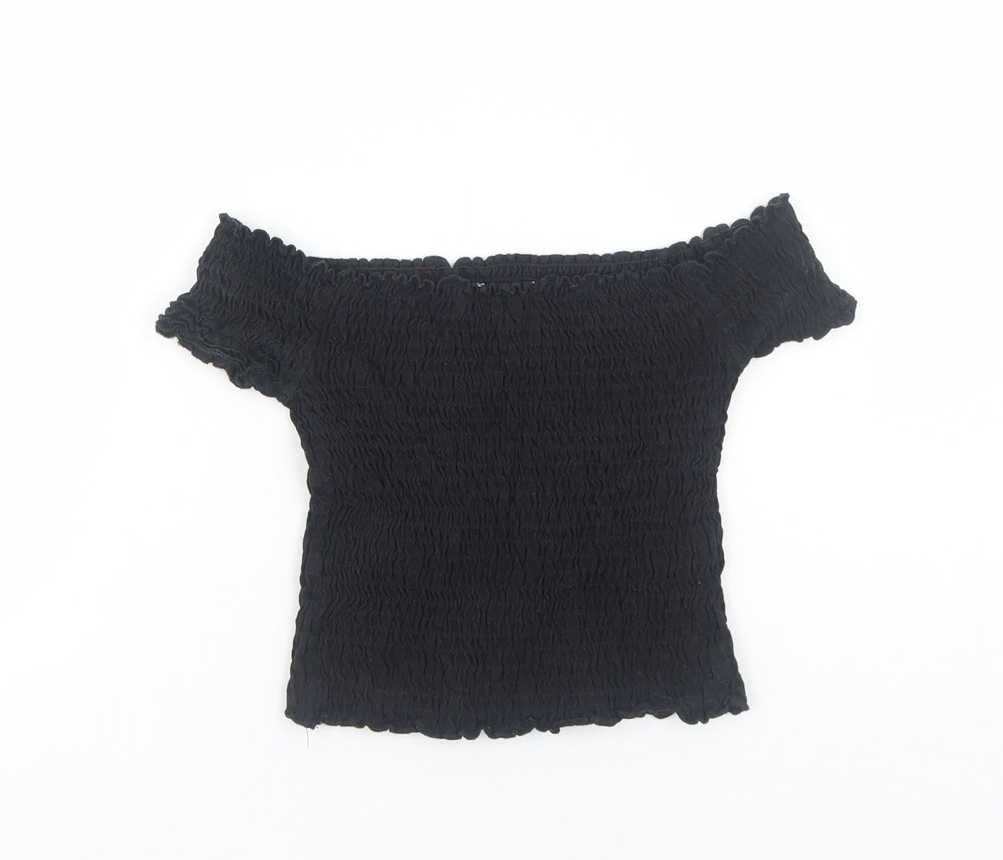 Preworn Girls Black Cotton Cropped Blouse Size 7 Years Off the Shoulder Pullover - Shirred Bardot