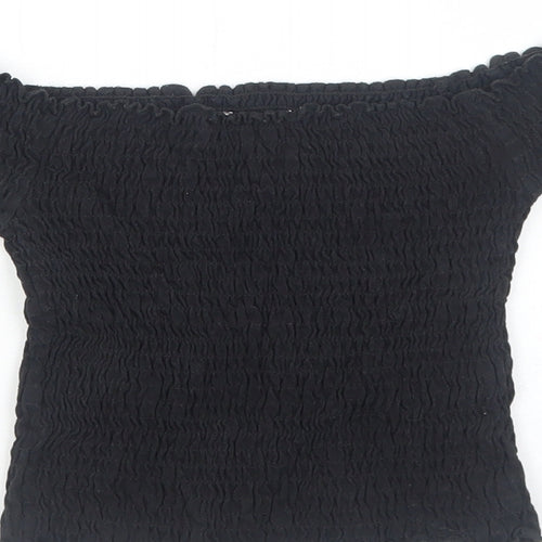 Preworn Girls Black Cotton Cropped Blouse Size 7 Years Off the Shoulder Pullover - Shirred Bardot
