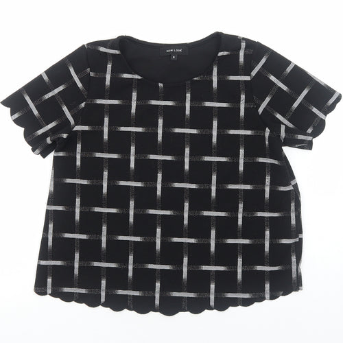 New Look Womens Black Geometric Polyester Basic T-Shirt Size 6 Round Neck