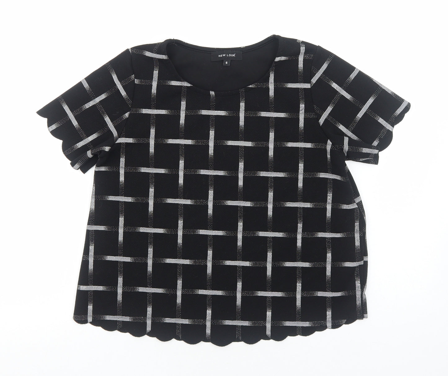 New Look Womens Black Geometric Polyester Basic T-Shirt Size 6 Round Neck