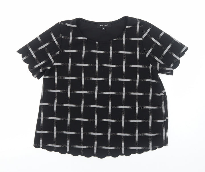 New Look Womens Black Geometric Polyester Basic T-Shirt Size 6 Round Neck