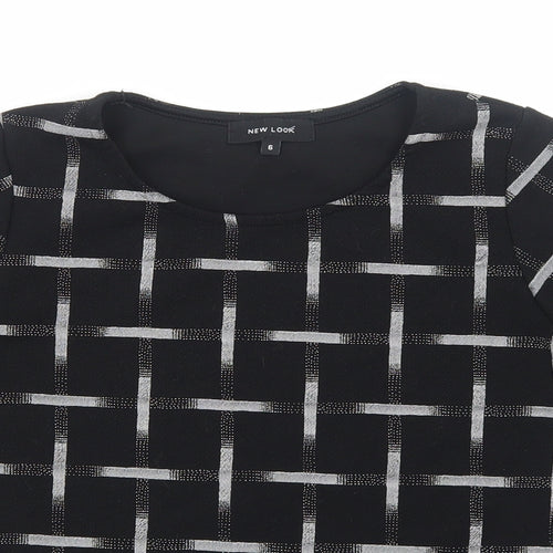 New Look Womens Black Geometric Polyester Basic T-Shirt Size 6 Round Neck