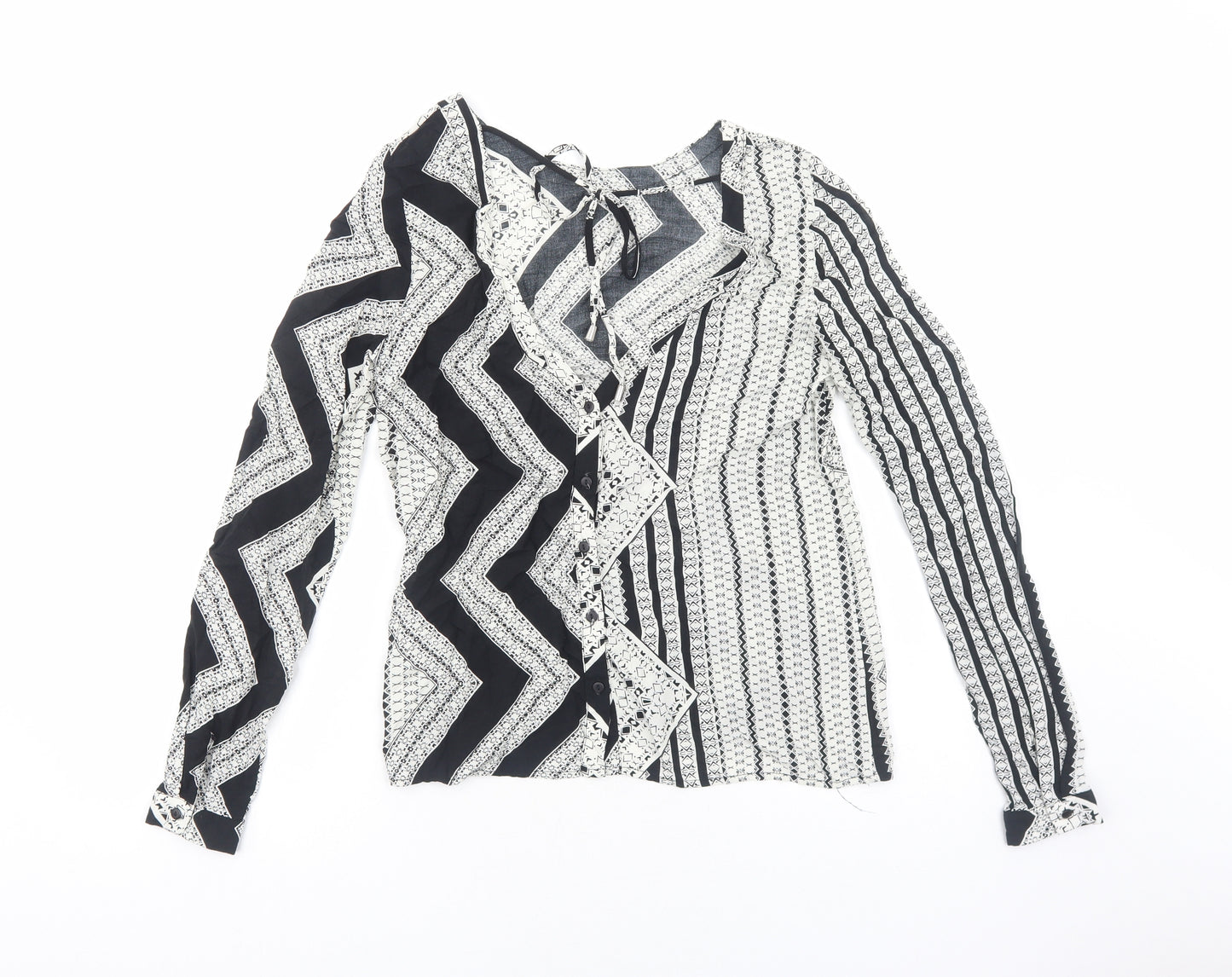 VILA Womens White Geometric Viscose Basic Blouse Size M Round Neck