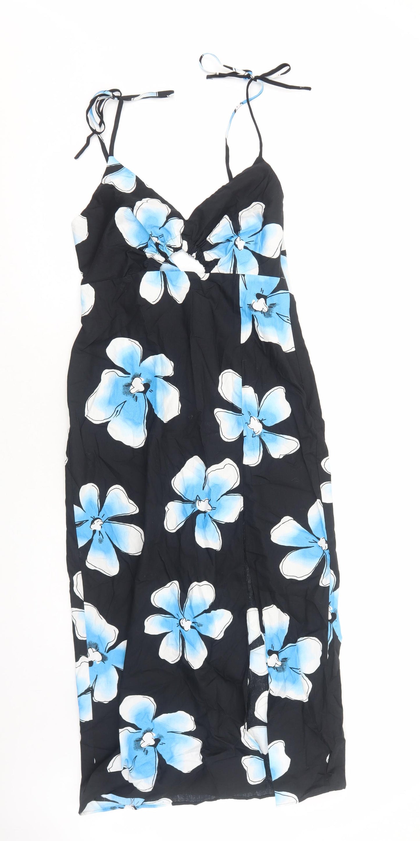 Topshop Womens Black Floral Cotton Slip Dress Size 10 V-Neck Zip