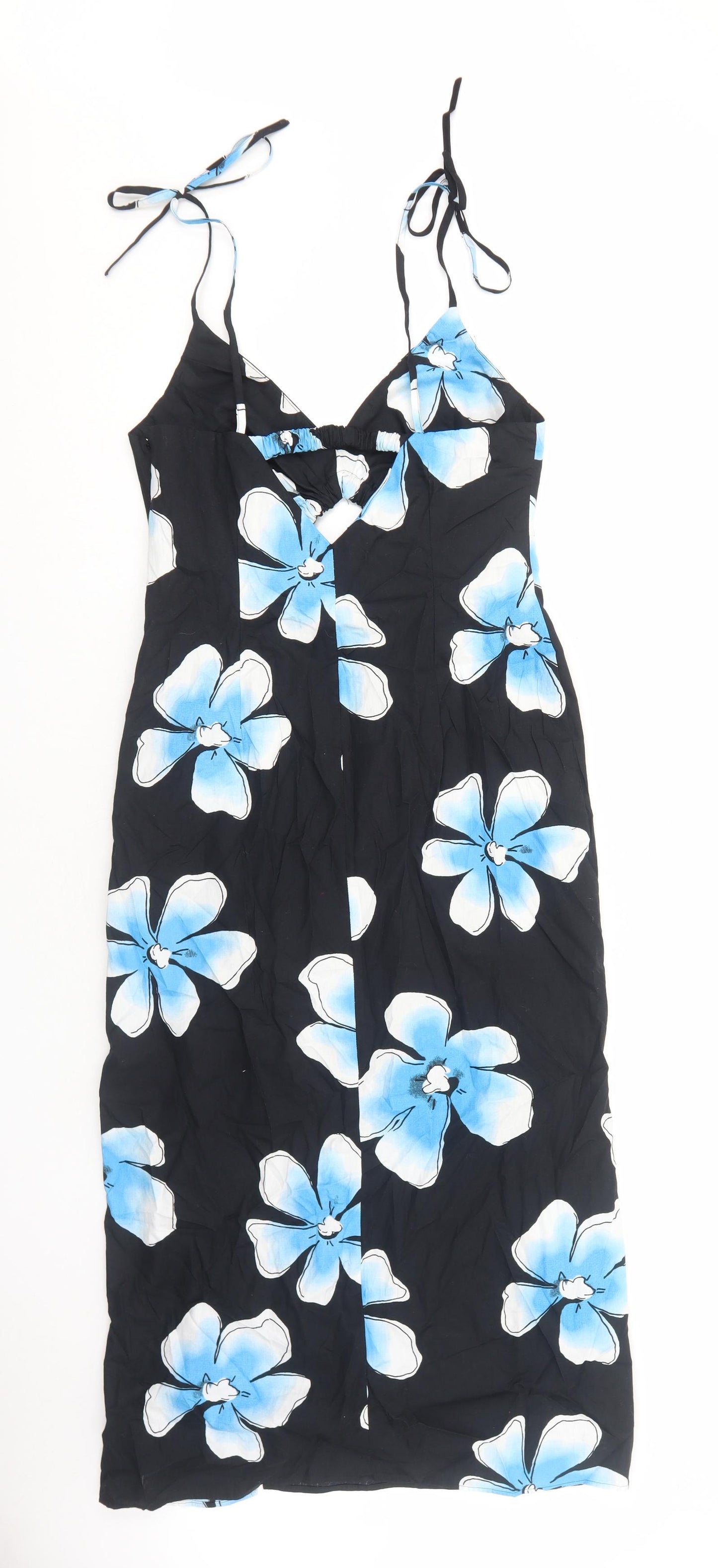 Topshop Womens Black Floral Cotton Slip Dress Size 10 V-Neck Zip