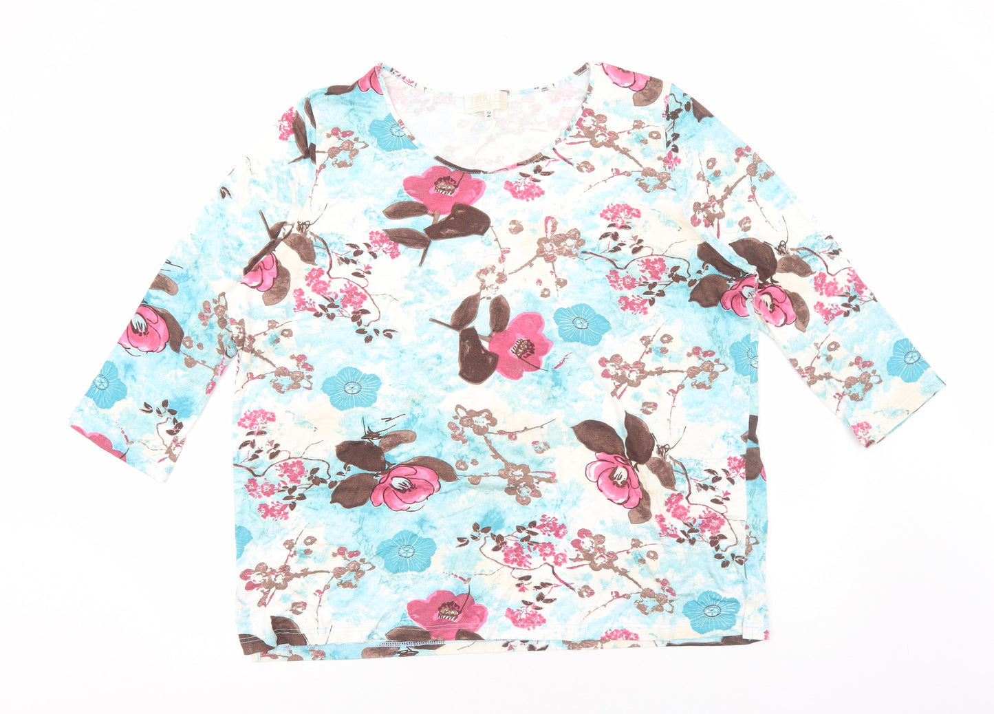 Spirito Womens Blue Floral Viscose Basic T-Shirt Size 24 Round Neck