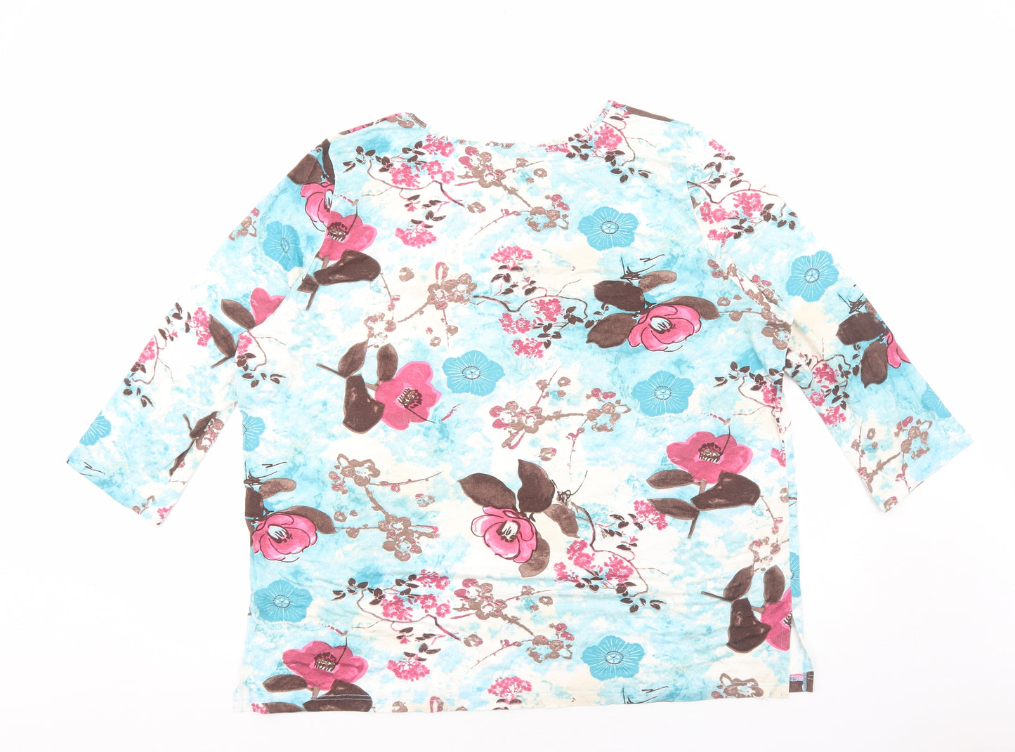 Spirito Womens Blue Floral Viscose Basic T-Shirt Size 24 Round Neck