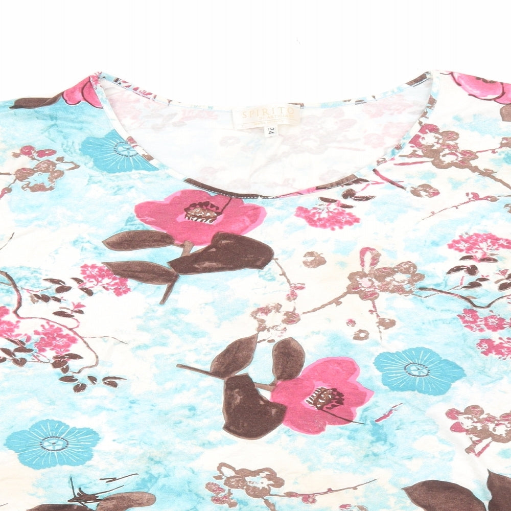 Spirito Womens Blue Floral Viscose Basic T-Shirt Size 24 Round Neck