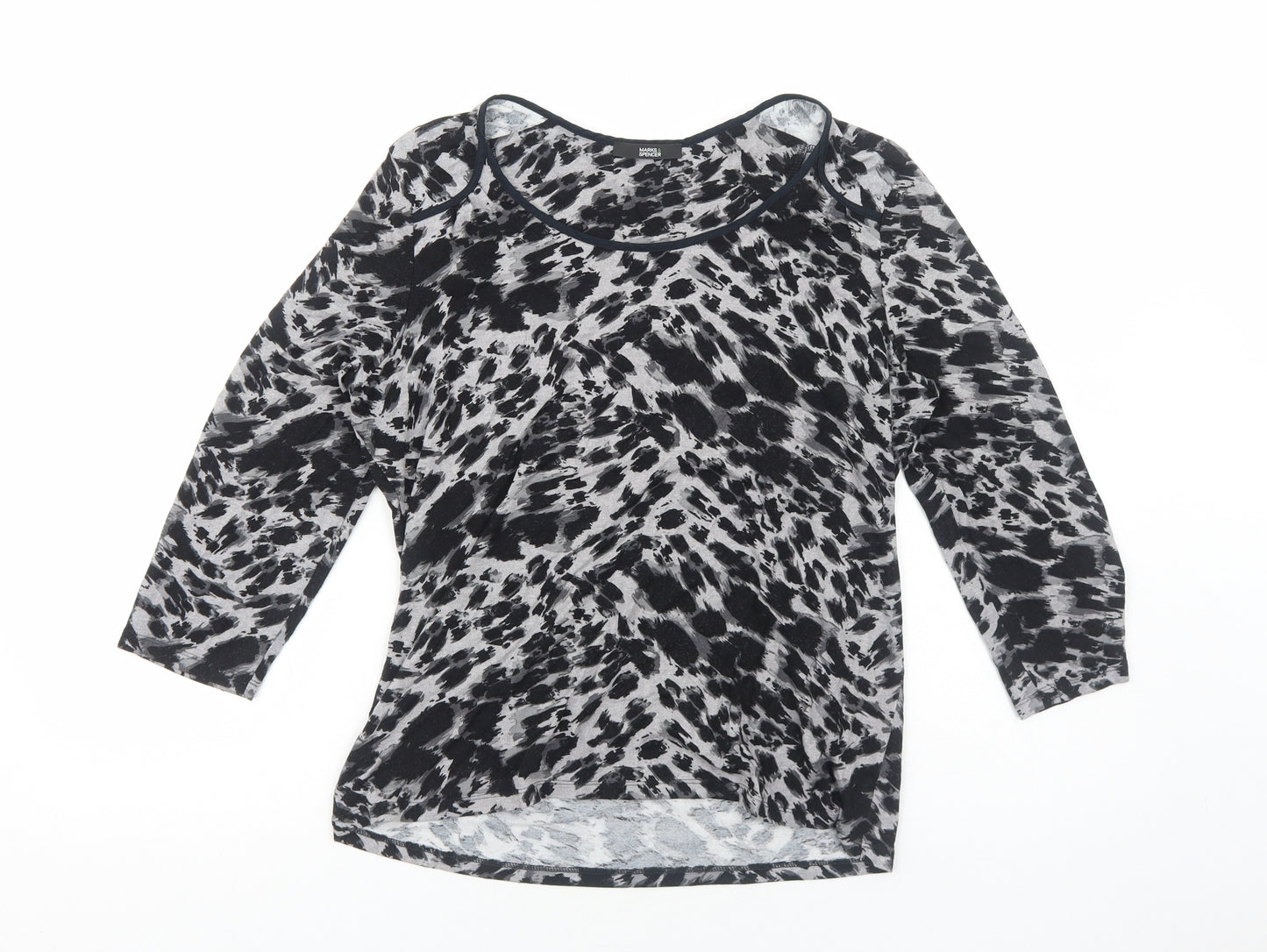 Marks and Spencer Womens Grey Animal Print Viscose Basic T-Shirt Size 12 Round Neck - Leopard Pattern